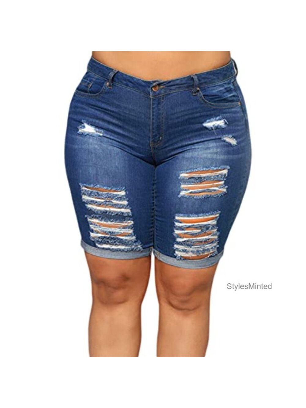 Plus Size High Waisted Ripped Folded Hem Denim Shorts